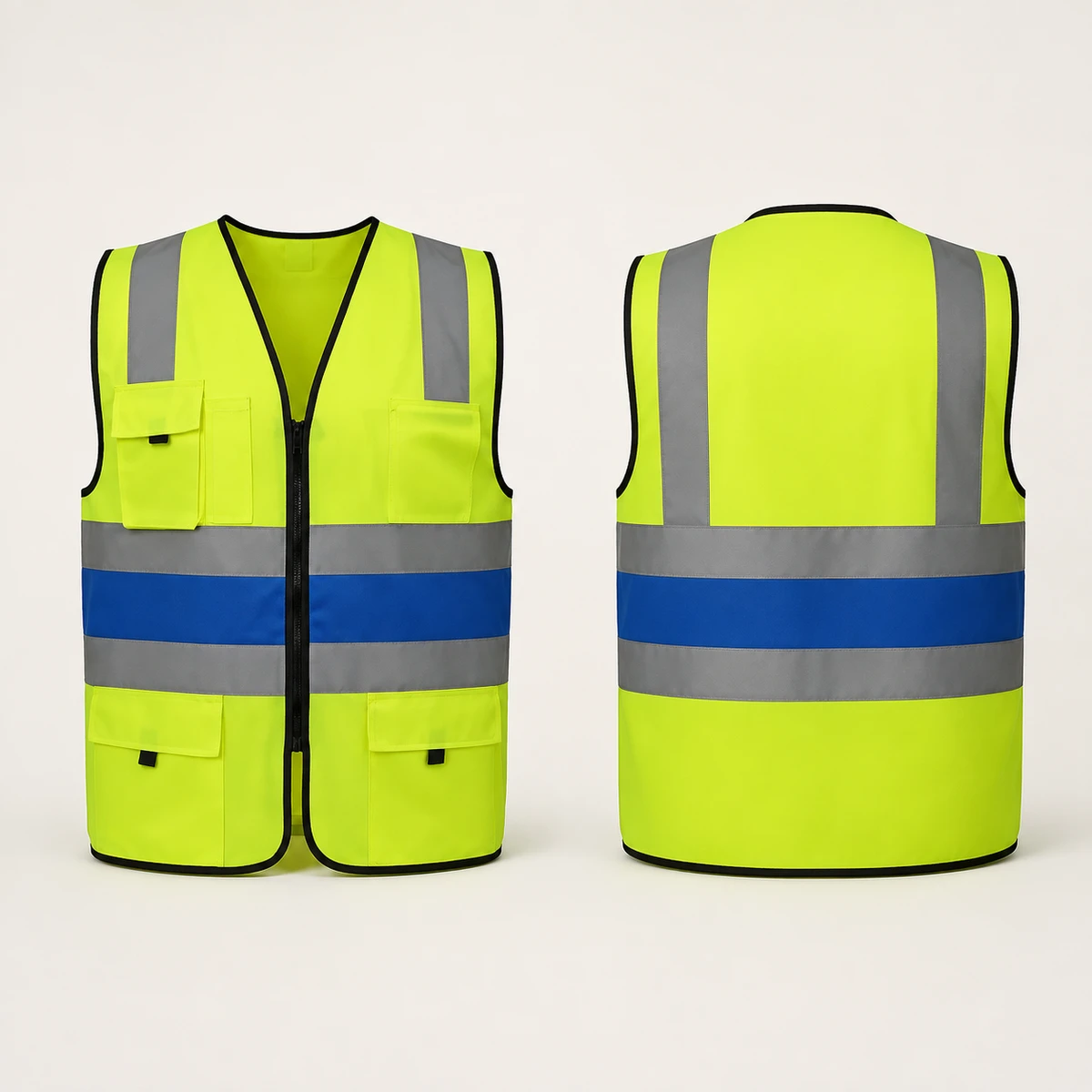 Vaultex, Executive Safety Fabric Vest with Zipper & Four Pockets, Yellow/Blue Color